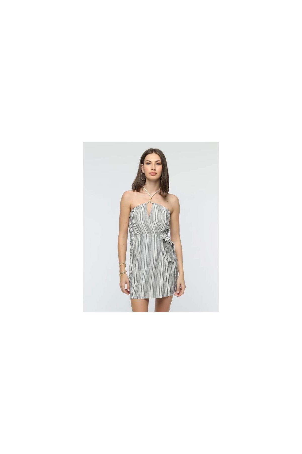 Kuşaklı çizgili mini keten elbise
