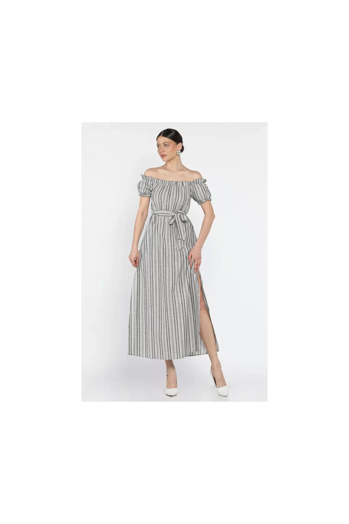 Madonna yaka midi yırtmaçlı kuşaklı keten elbise