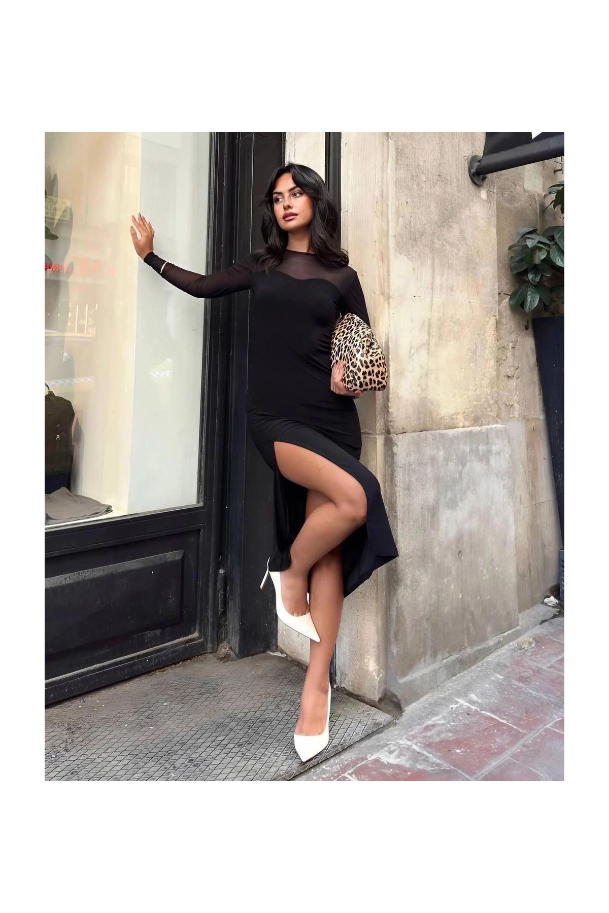 Kadın tül detaylı midi boy yırtmaçlı elbise