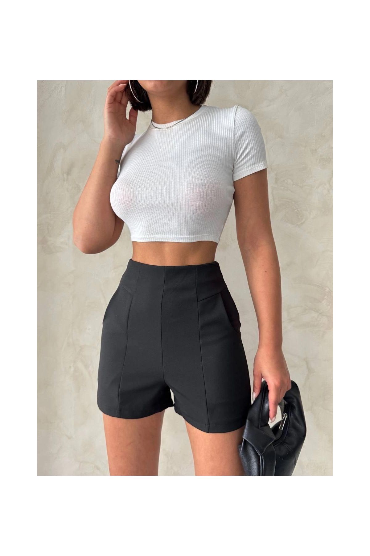 Yüksek bel parçalı double kumaş şort s25312