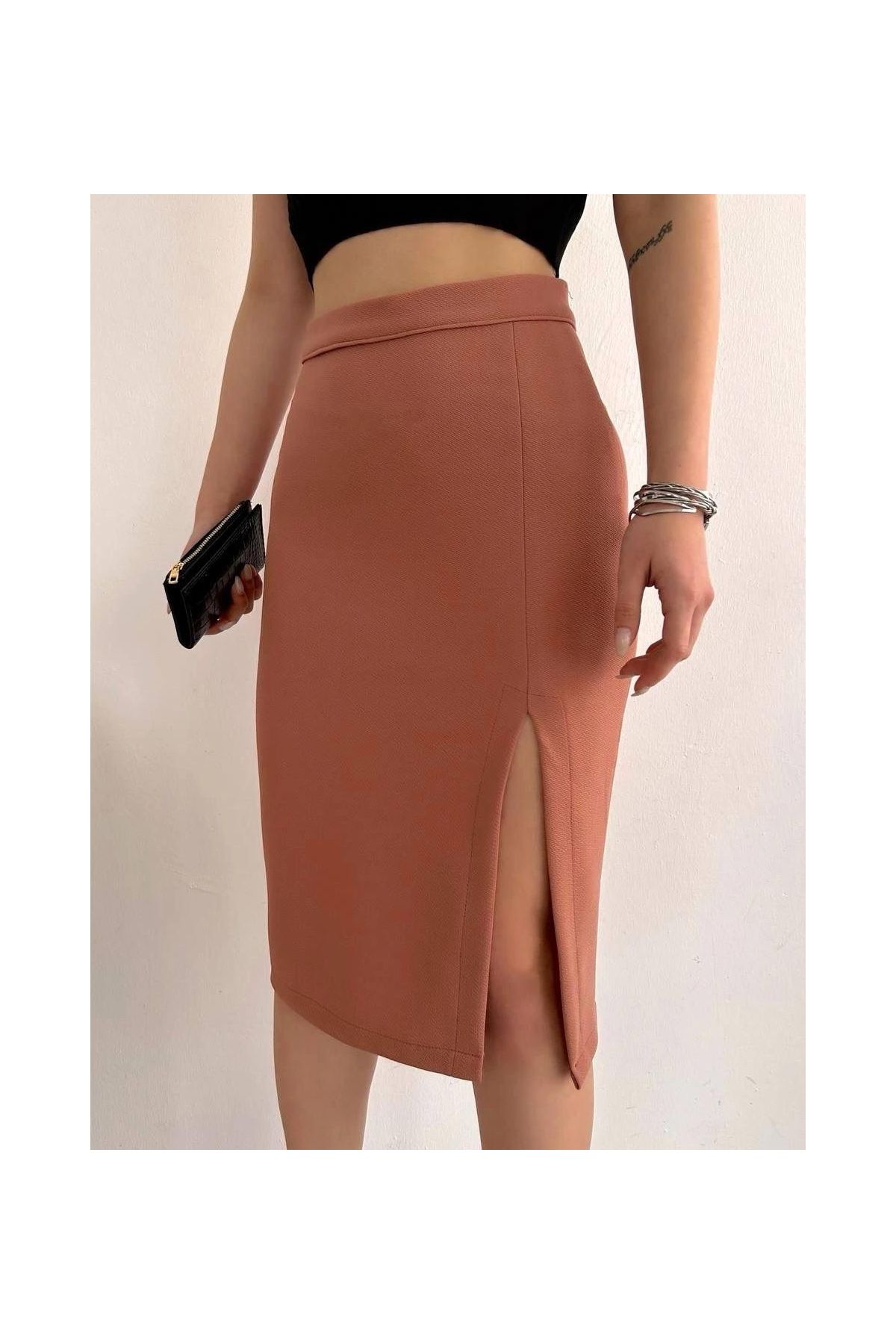 Uzun midi boy yırtmaçlı etek somon s24907