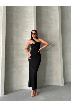 Krinkıl tek omuz uzun elbise siyah s25455