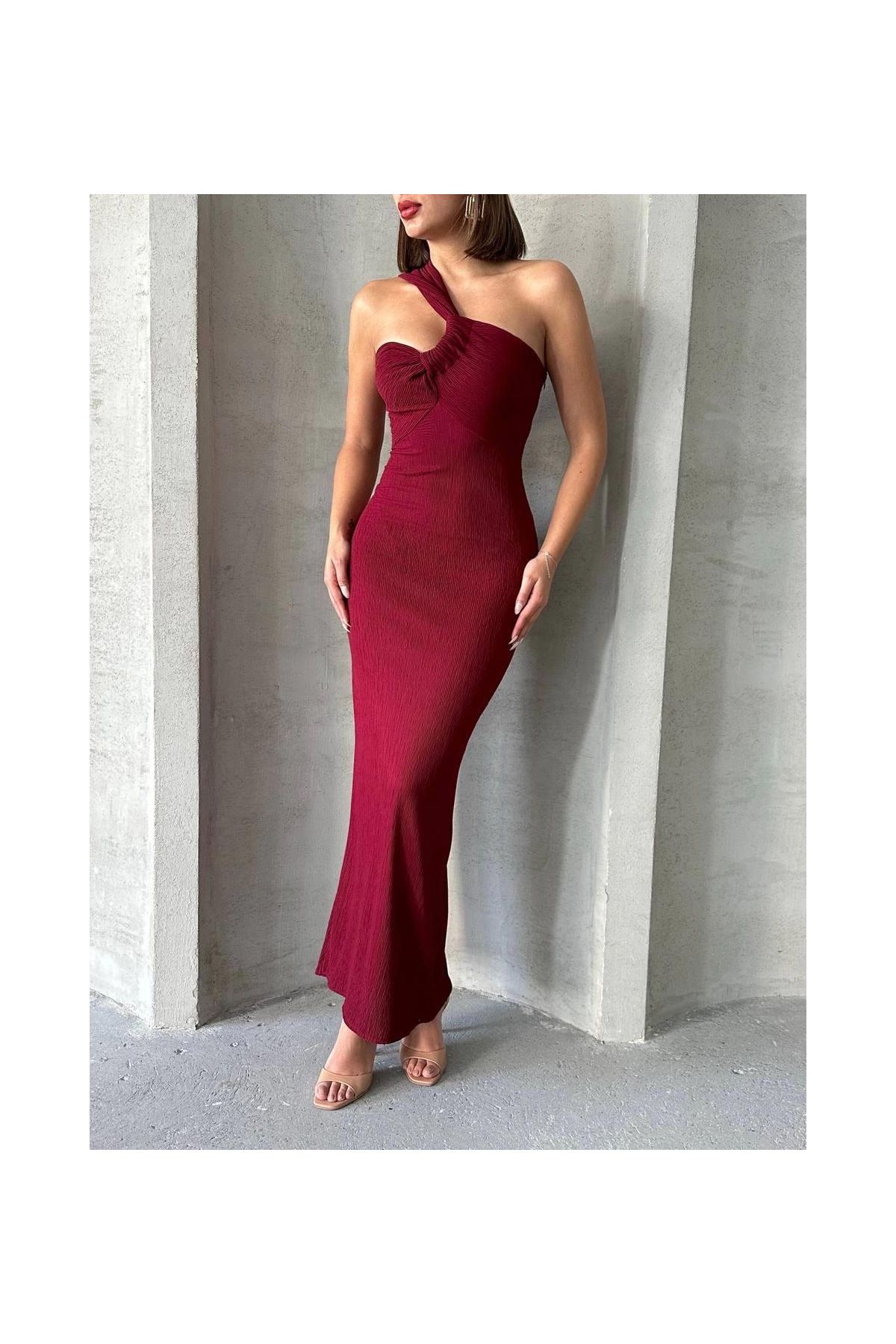 Krinkıl tek omuz uzun elbise bordo s25455