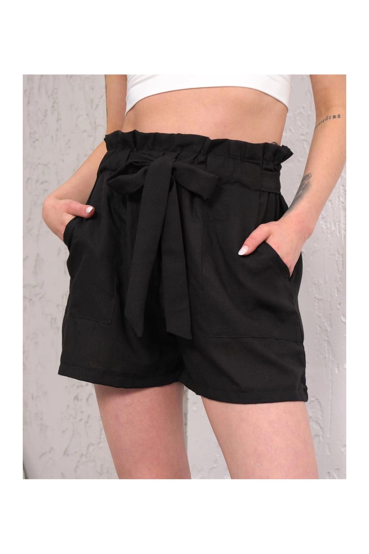 Kuşaklı keten şort siyah s255265