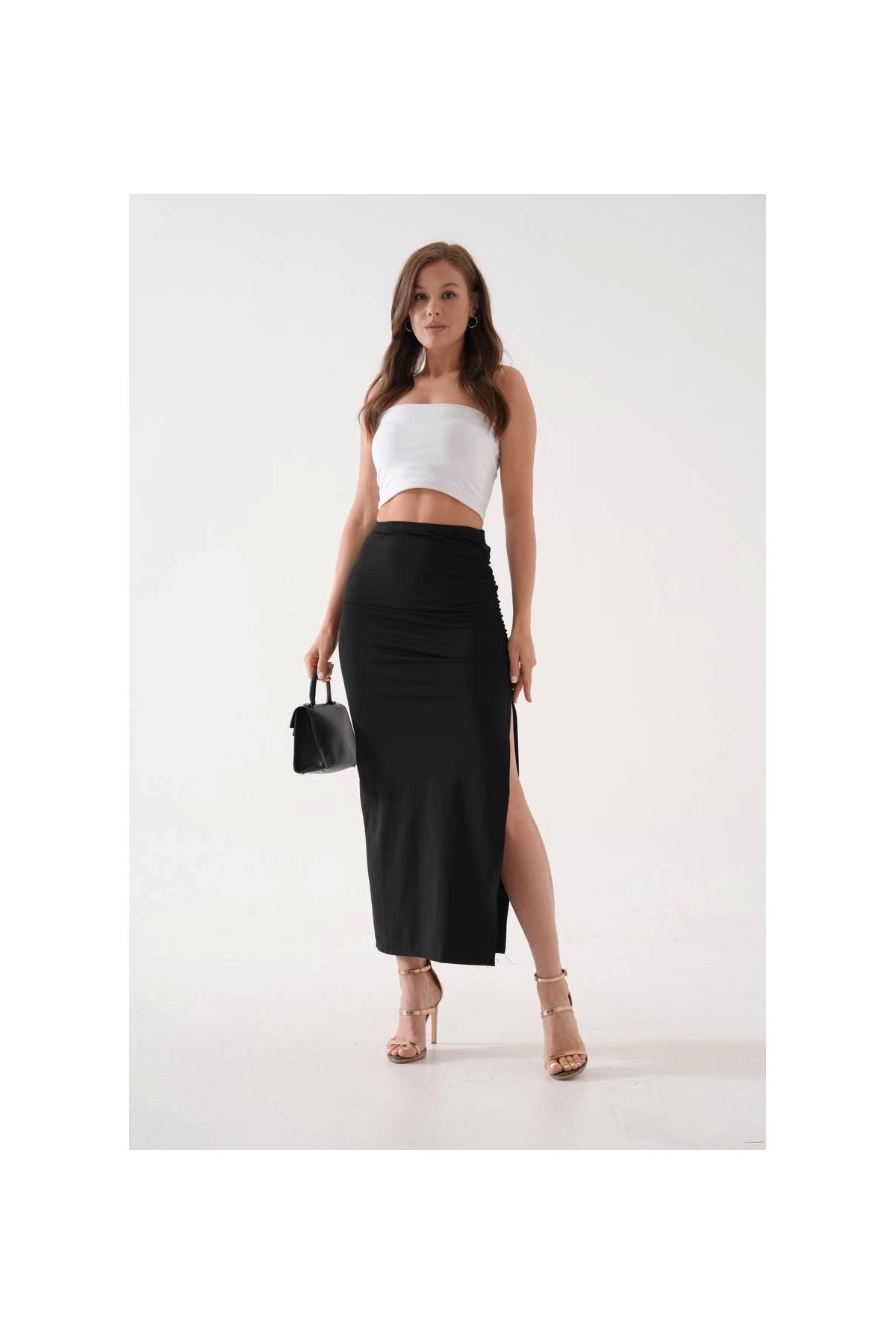 Uzun yırtmaçlı ince kumaş etek siyah