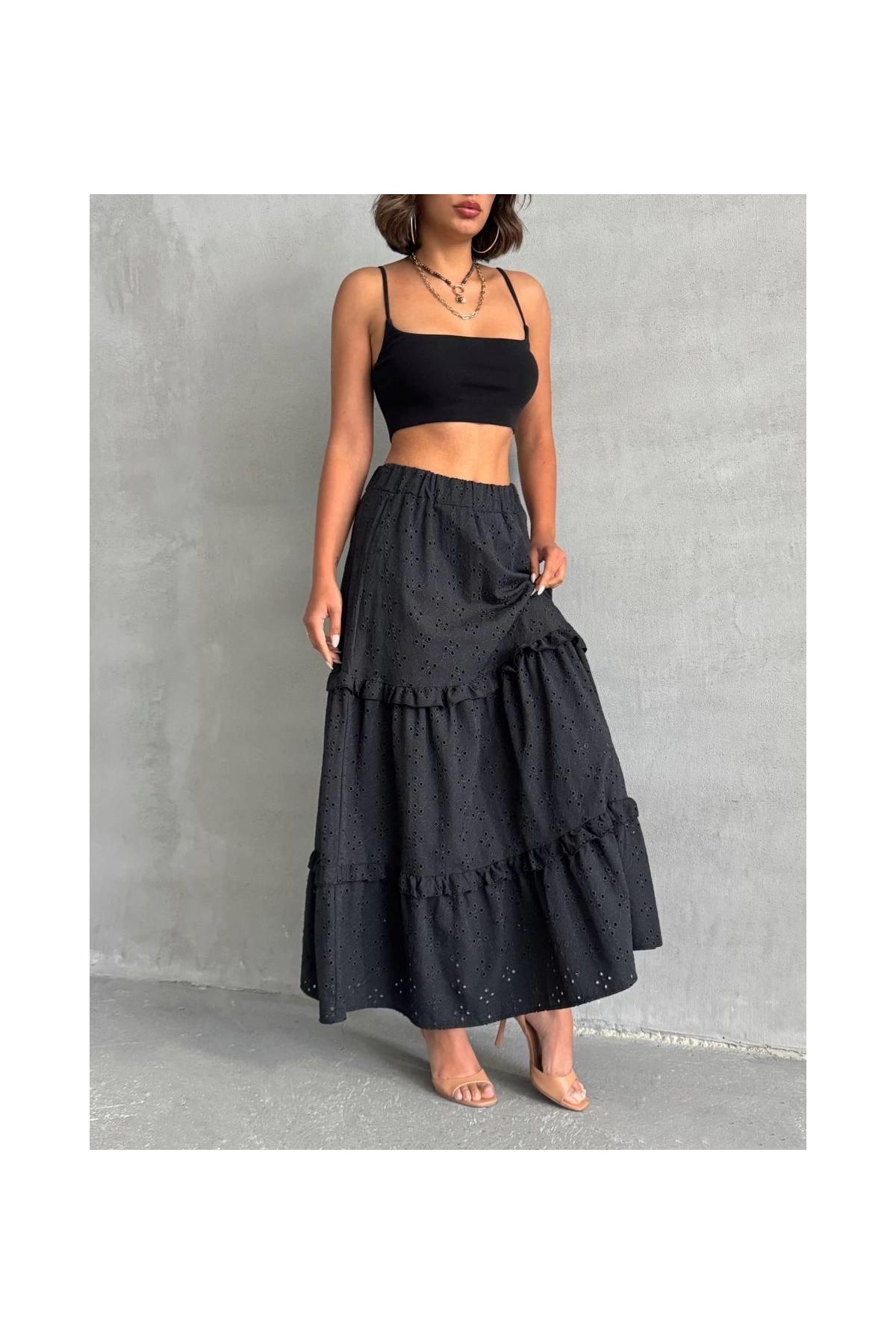 Fırfırlı brodeli astarlı uzun etek siyah s255047