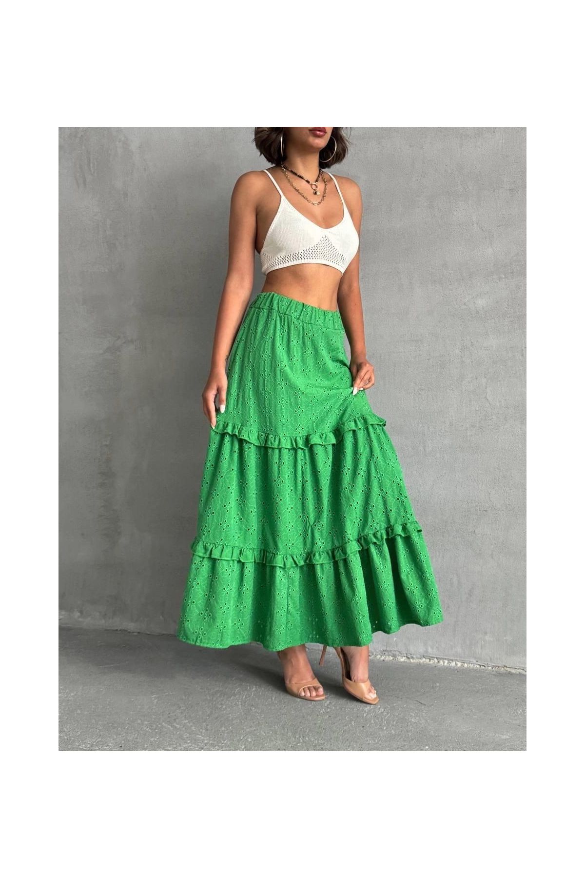 Fırfırlı brodeli astarlı uzun etek yeşil s255047
