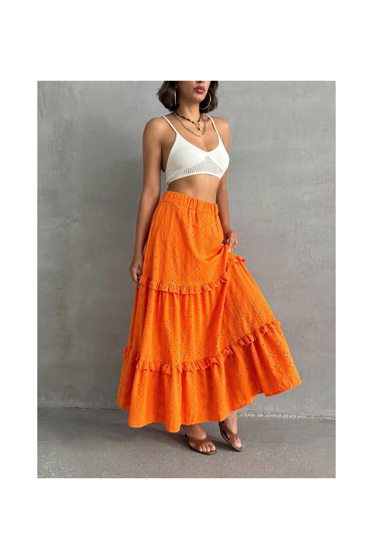 Fırfırlı brodeli astarlı uzun etek tcu s255047