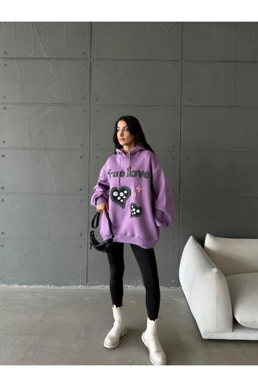 3 iplik şardonlu oversize true baskılı sweat mor