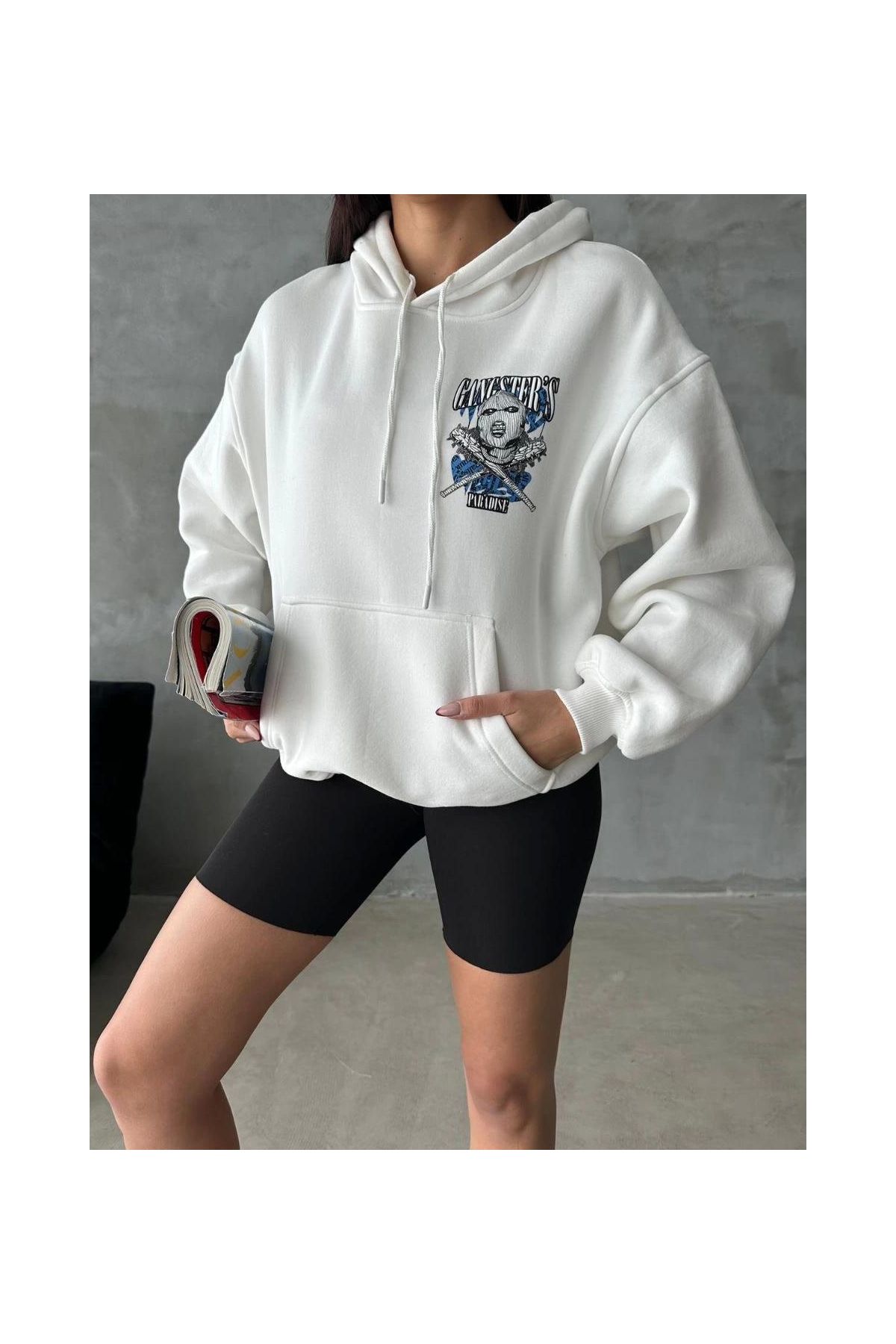 3 iplik şardonlu oversize kafa baskılı sweat beyaz