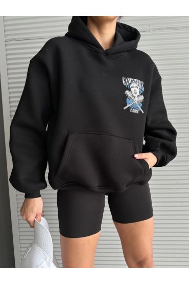 3 iplik şardonlu oversize kafa baskılı sweat siyah