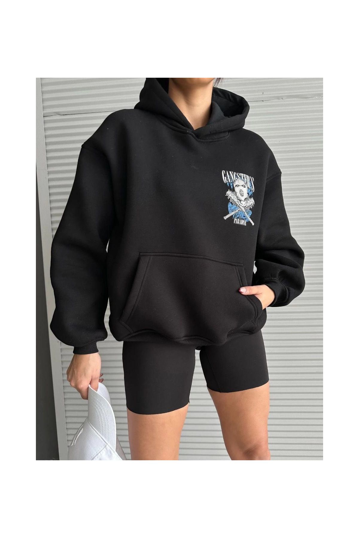 3 iplik şardonlu oversize kafa baskılı sweat siyah