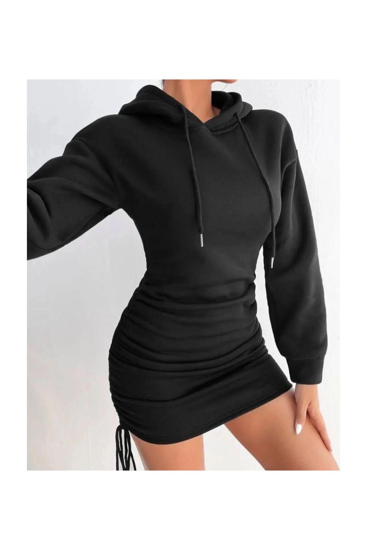 3 iplik şardonlu kapşonlu elbise siyah