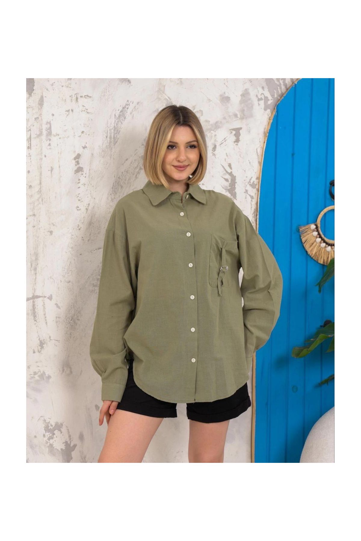 Relax fit keten gömlek haki s255349