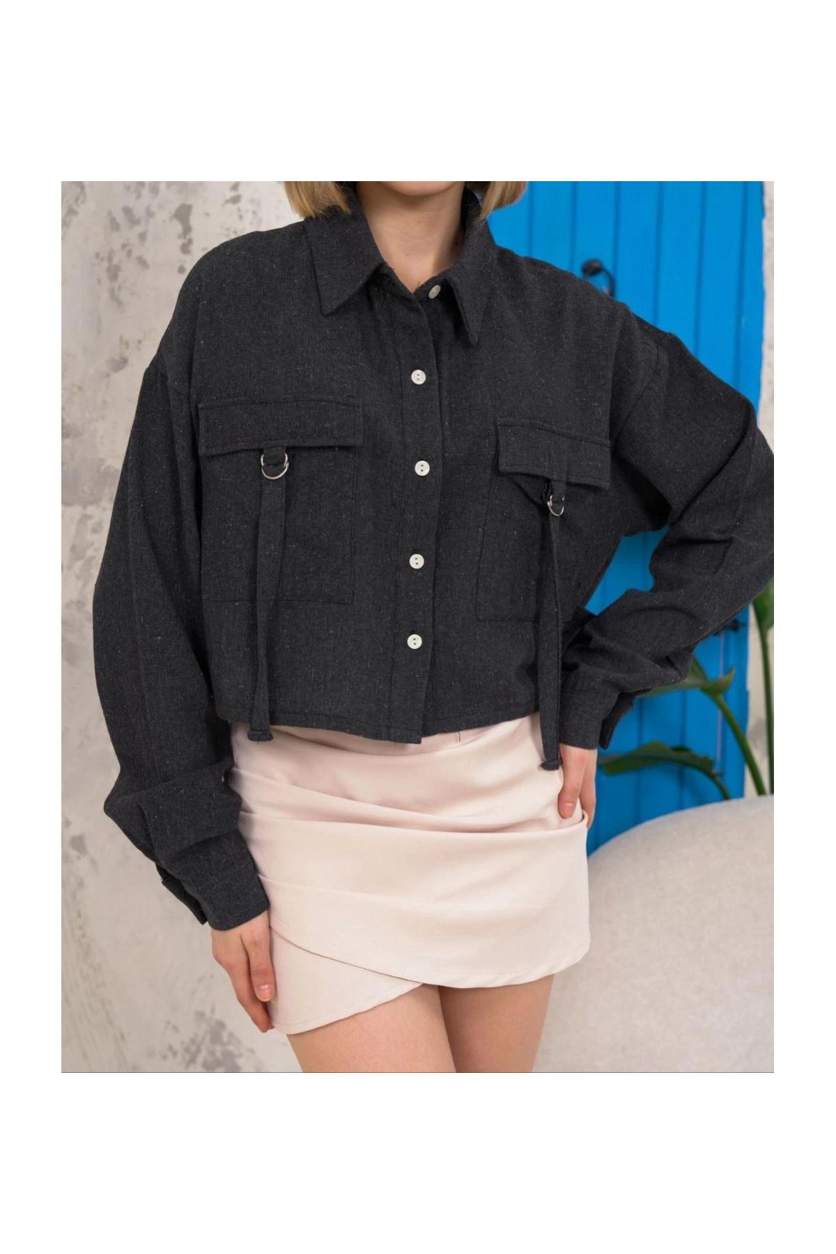 Kemer cepli keten crop gömlek siyah s255350