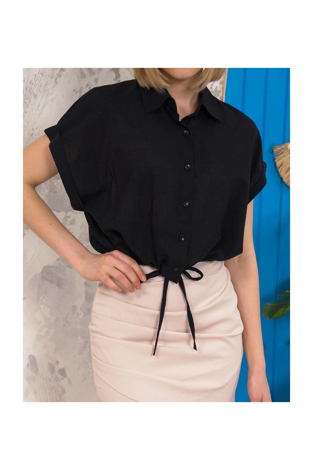 Sıfır kollu bağlamalı crop gömlek siyah s255359