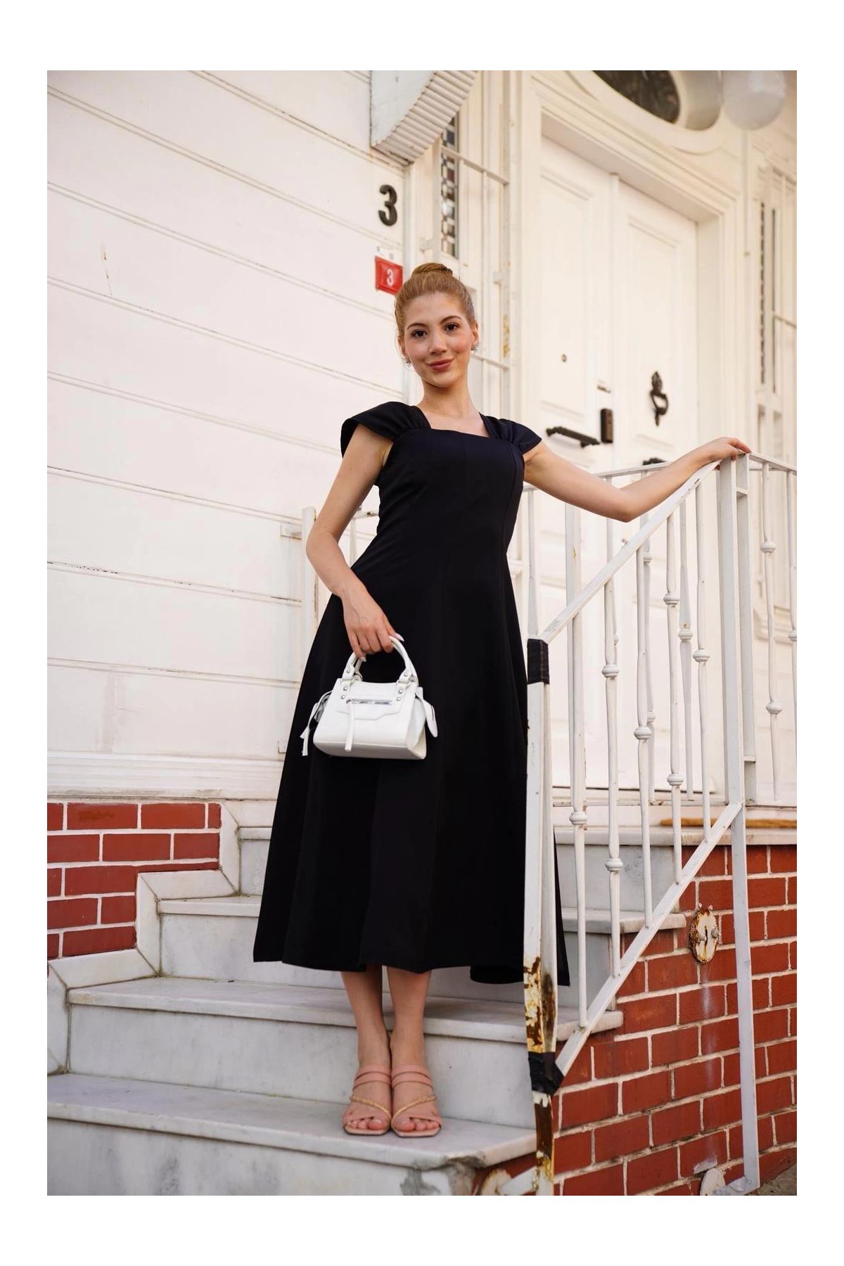 U yaka prenses elbise siyah s255101