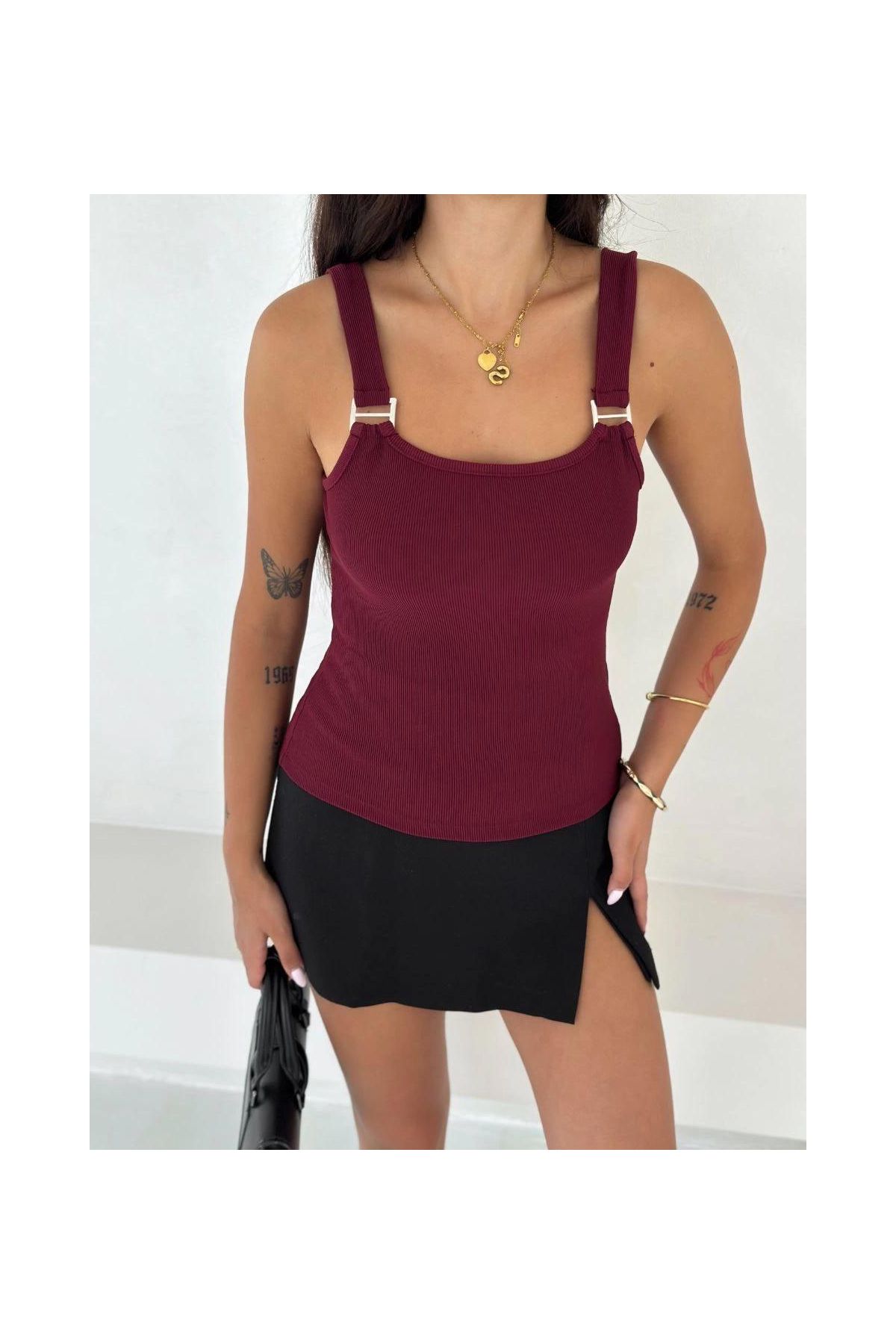 Ottoman toka askılı bluz bordo s4194