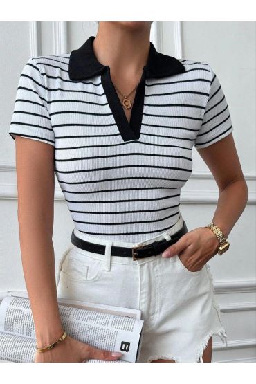 Polo yaka garnili bluz Beyazsiyah