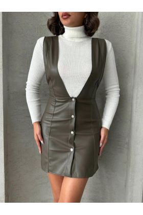 Deri jile elbise haki w24796