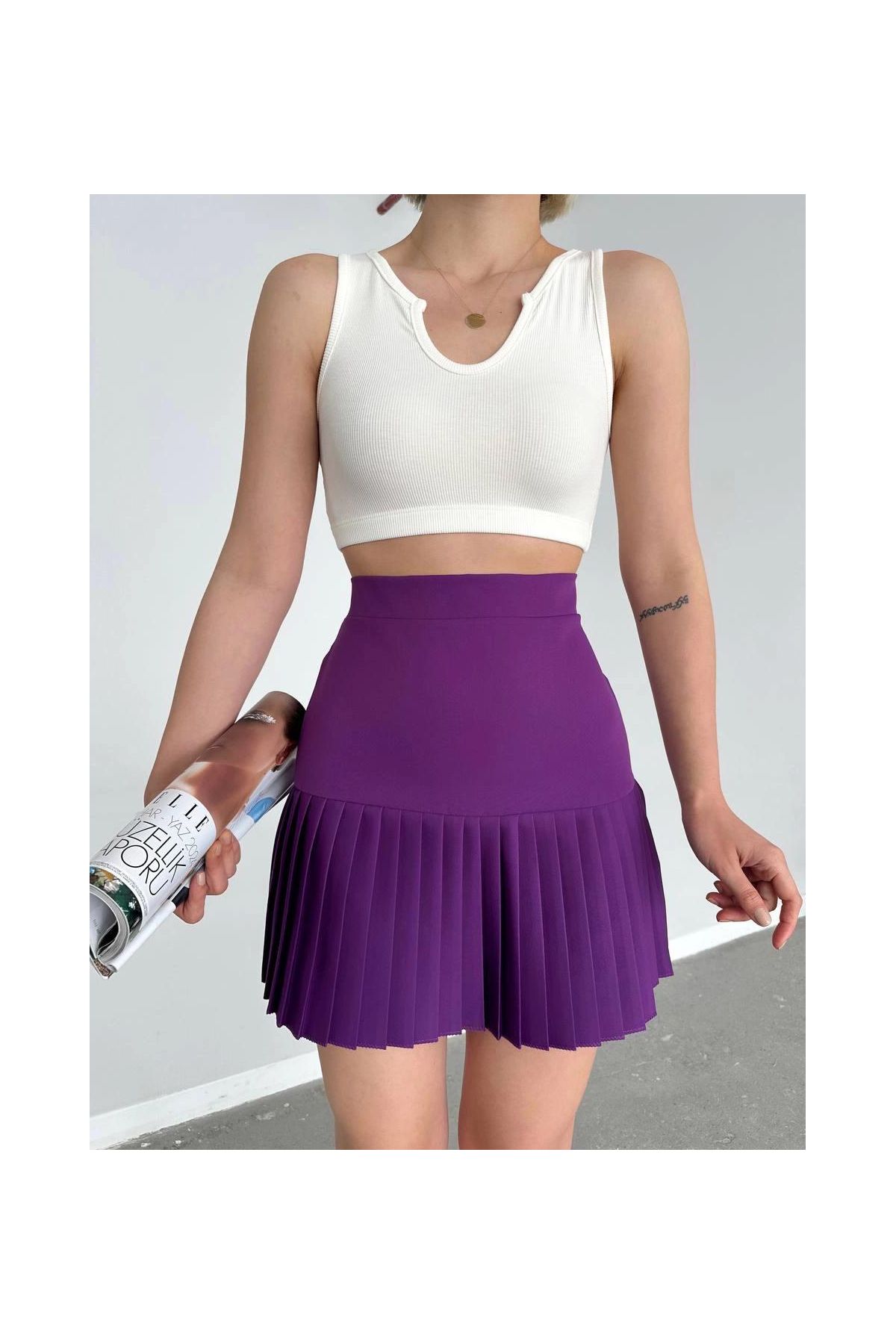 Altı pliseli mini etek Mor s24705