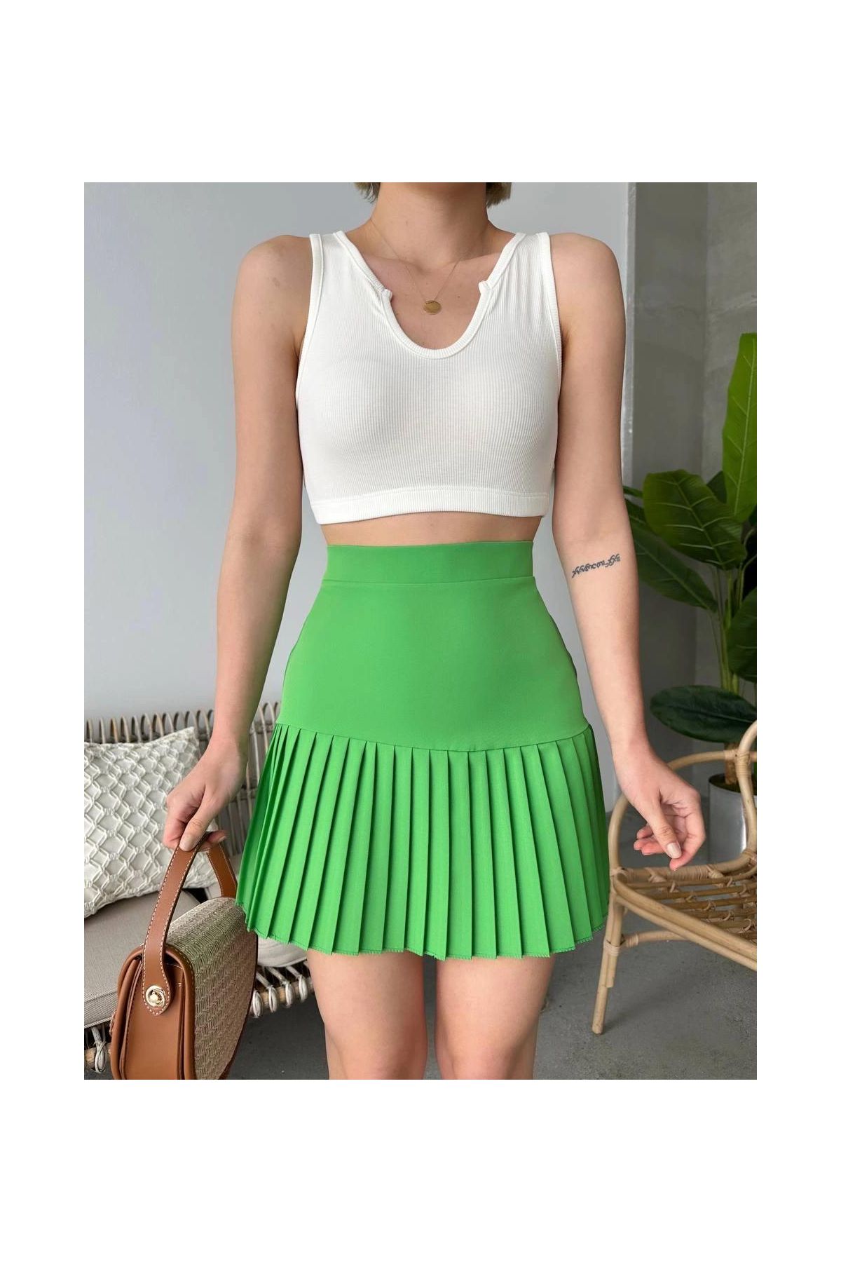 Altı pliseli mini etek yeşil s24705