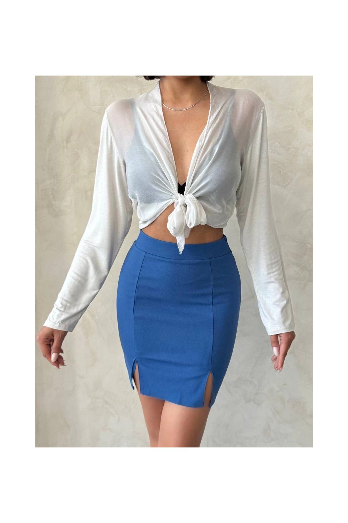 Çift yırtmaçlı etek indigo s25910