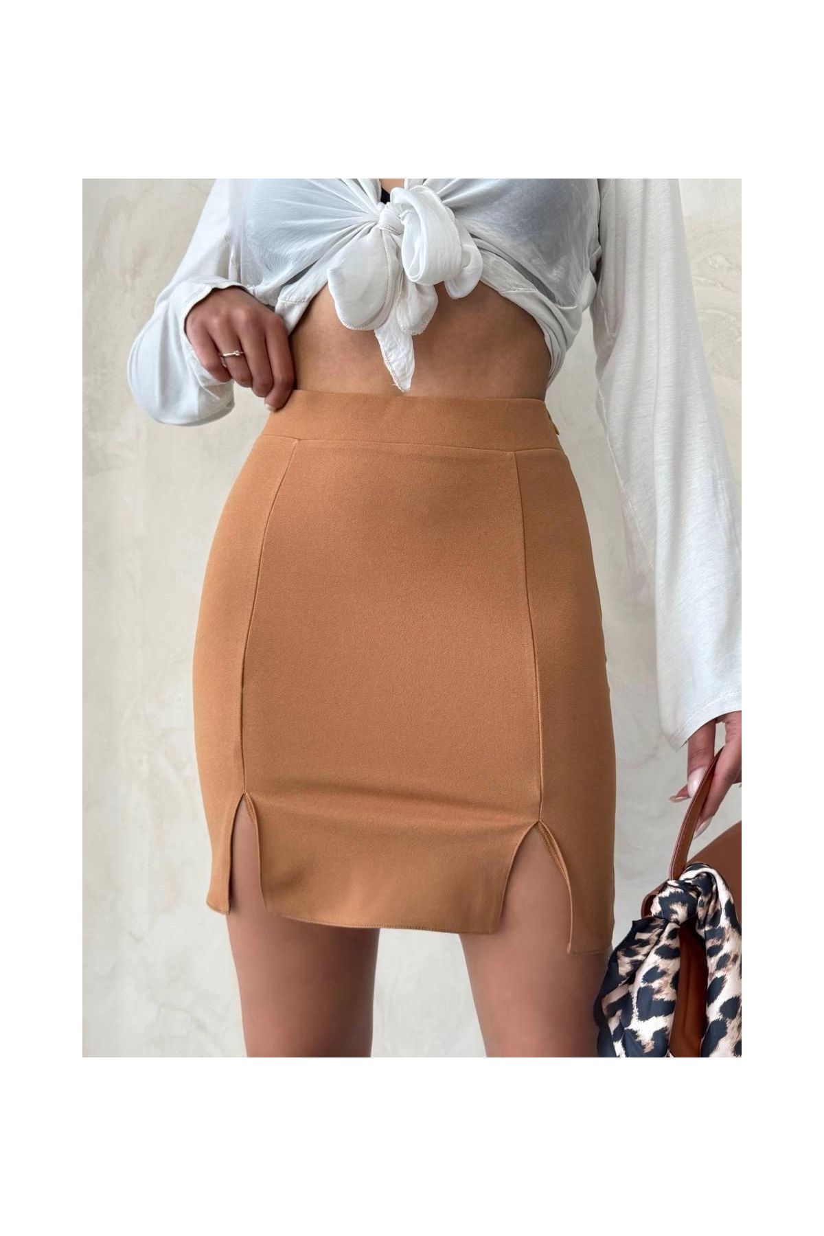 Çift yırtmaçlı etek camel s25910