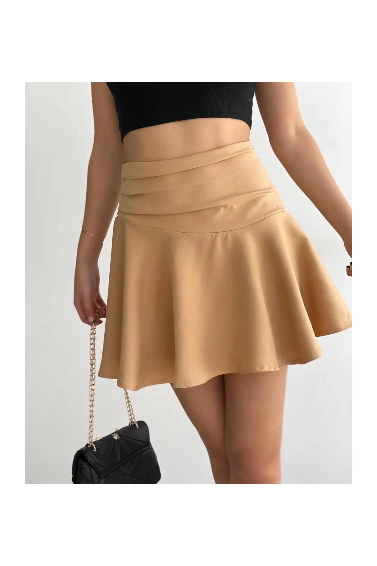 Kemerden büzgülü etek camel