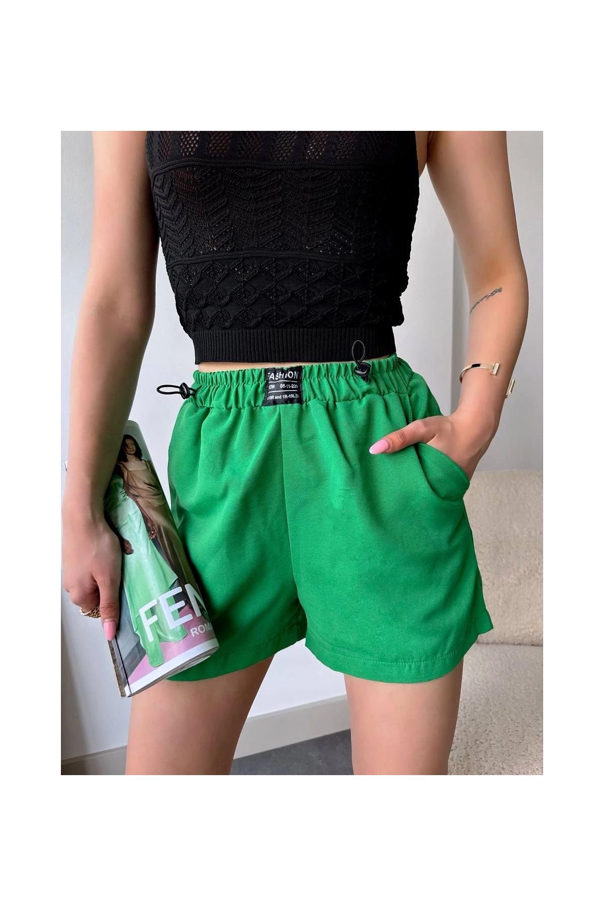 Armalı keten şort yeşil s251003