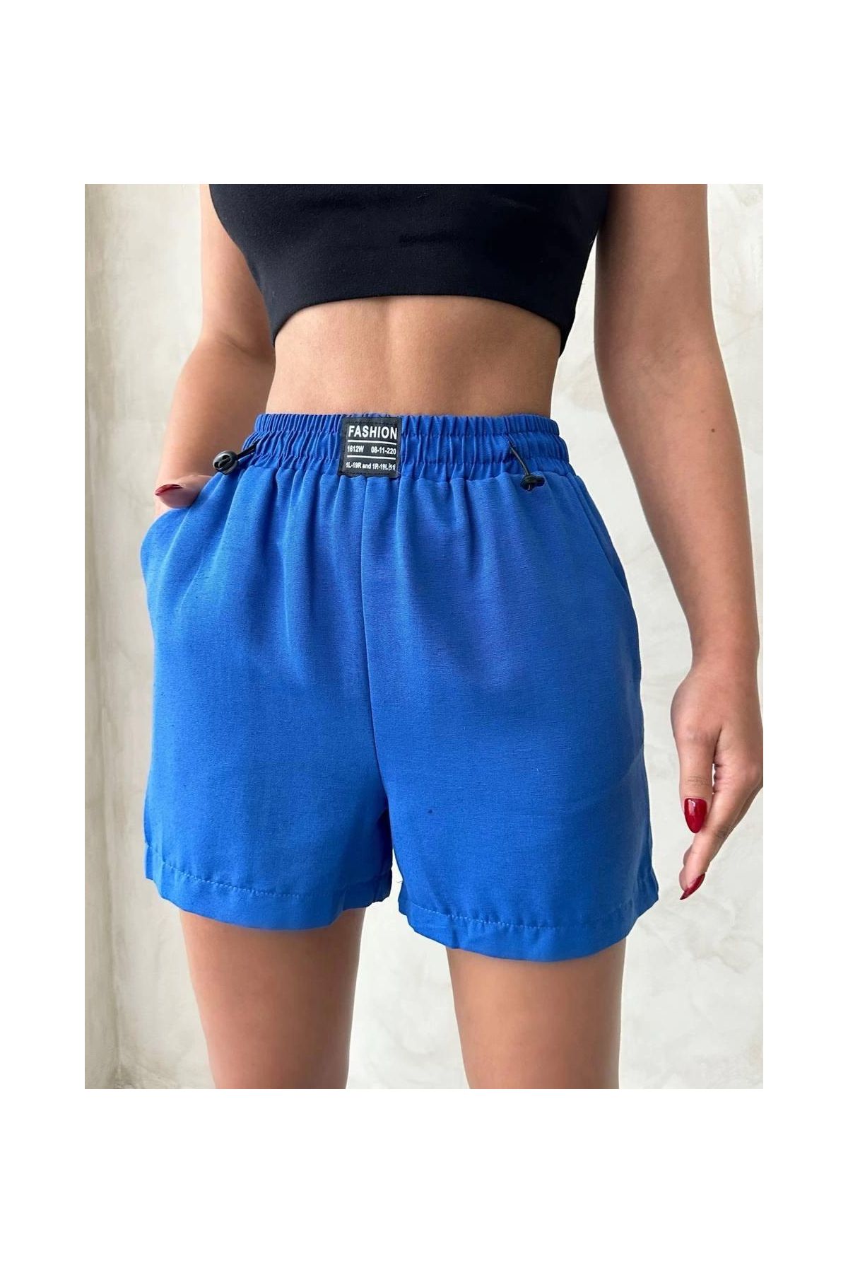 Armalı keten şort saks mavisi s251003