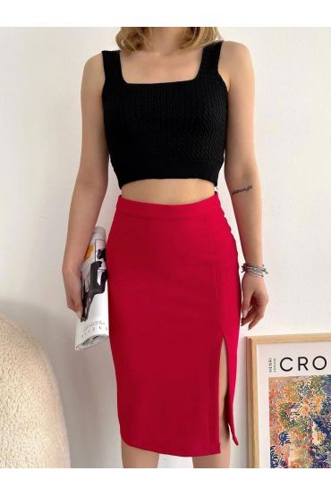 Yırtmaçlı esnek kumaş midi boy etek koyu kırmızı