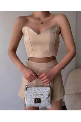 Arkadan büzgülü esnek büstiyer bej