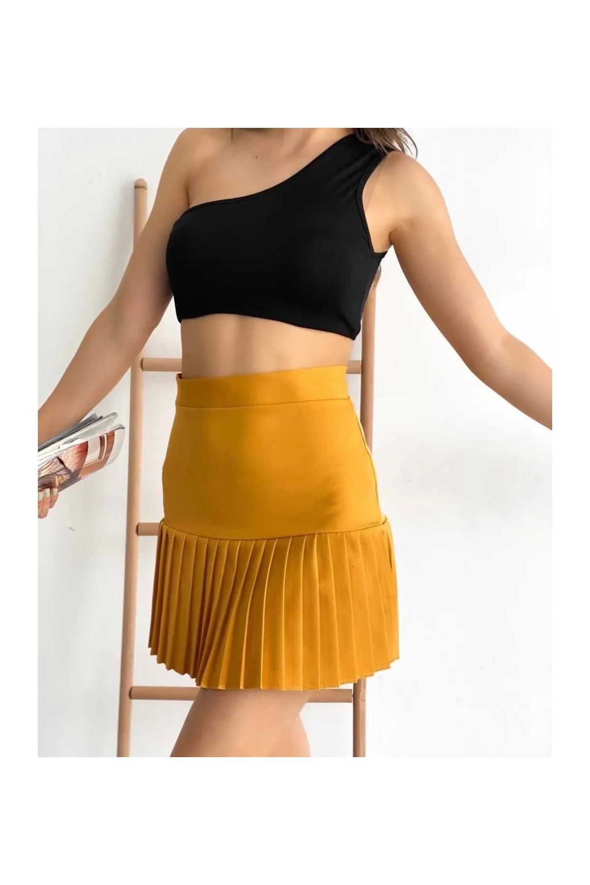 Altı pliseli mini etek hardal s24705