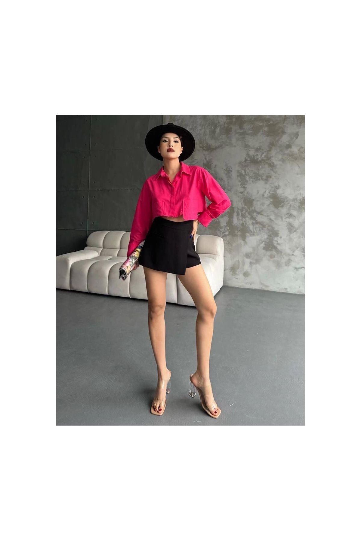 Poplin crop gömlek fuşya s3060