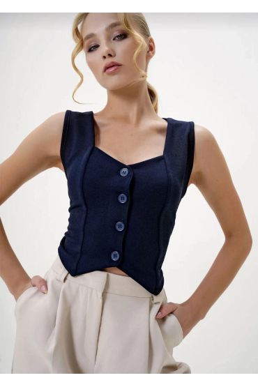 Krep kumaş düğmeli yelek lacivert s3395