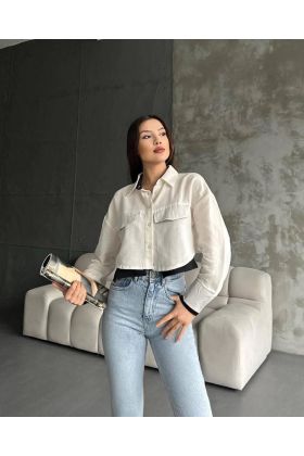 Çift renkli kısa gömlek krem s4021