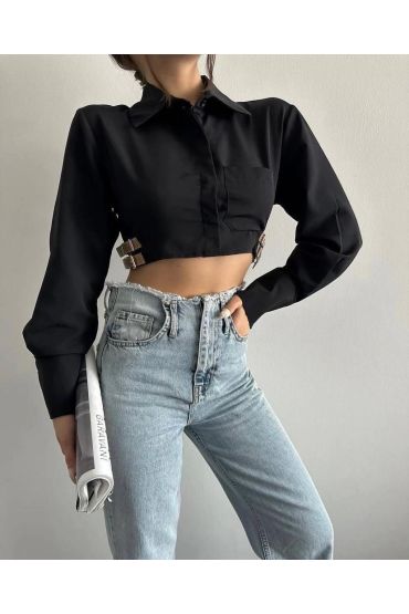 Yanı kemer detaylı crop gömlek siyah s4009