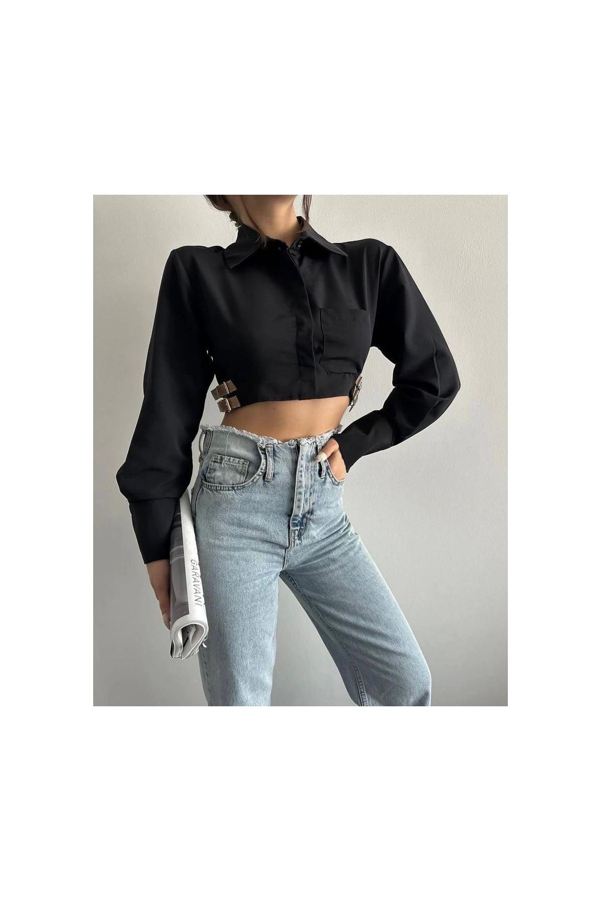 Yanı kemer detaylı crop gömlek siyah s4009
