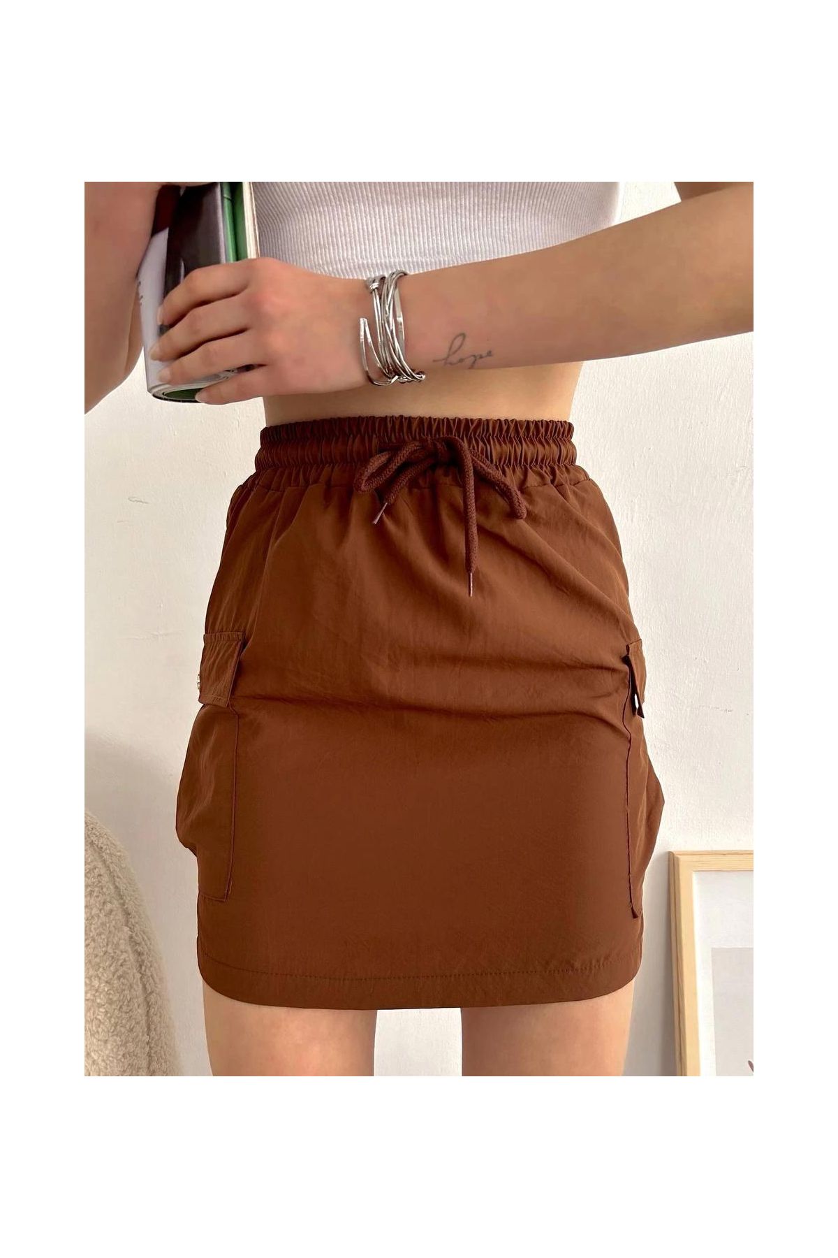  cep ince paraşüt etek kahve s241019