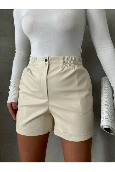 Beli lastikli çıtçıtlı deri şort krem w241007