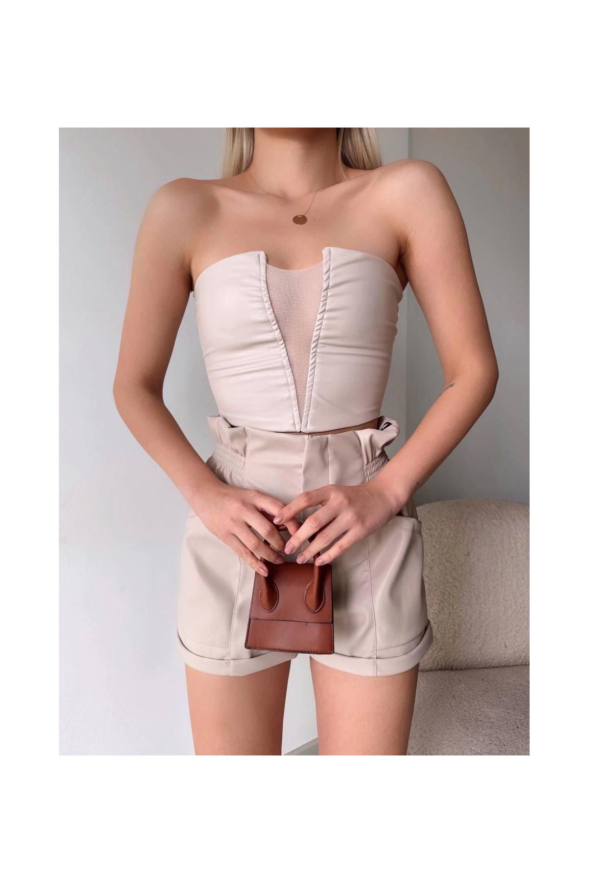 Tüllü deri crop bej w24615