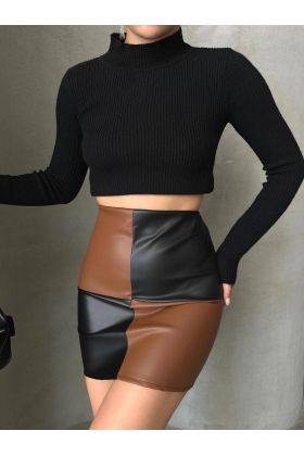 Damalı deri etek siyah kahve w24648