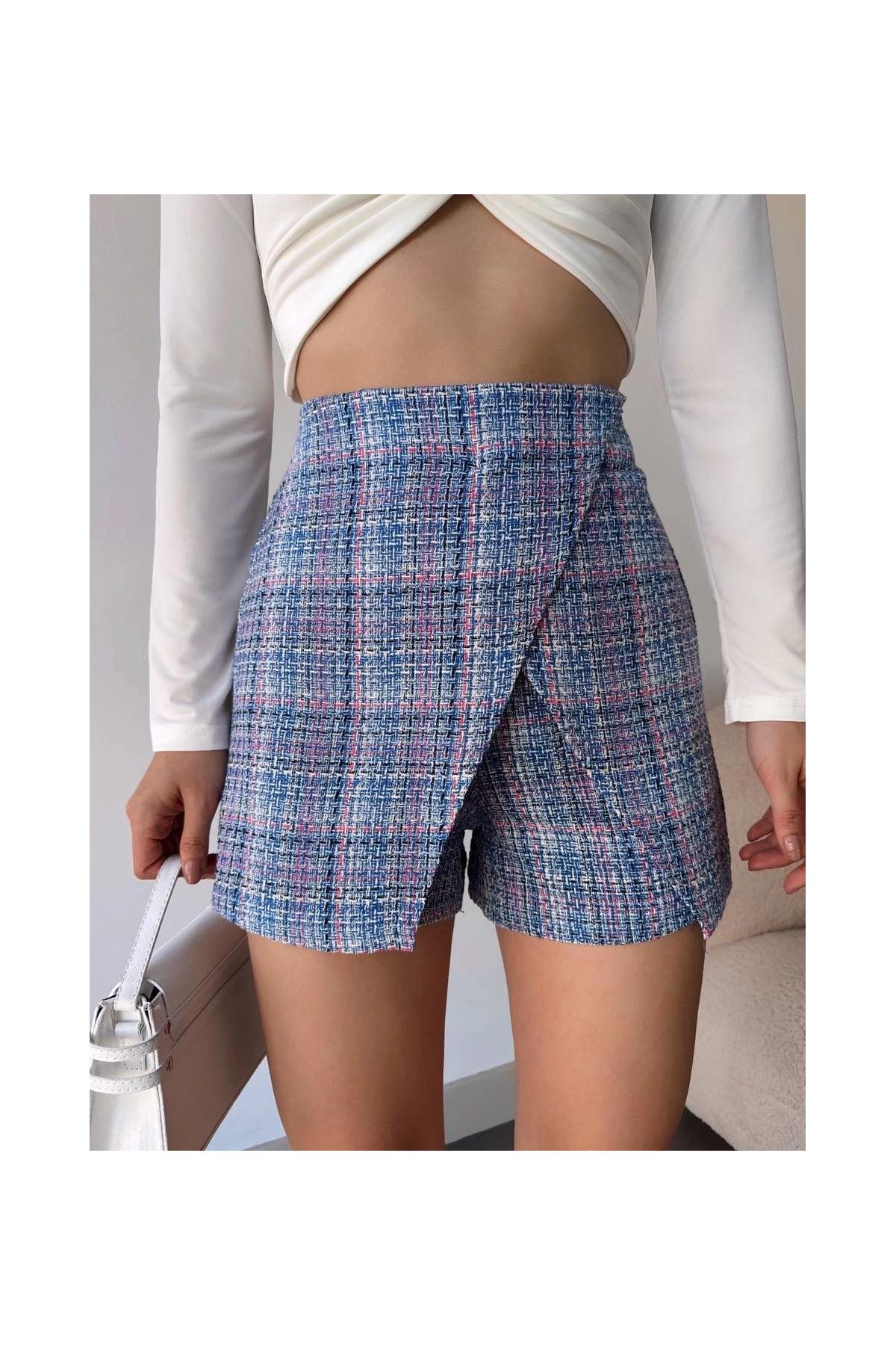 Kapaklı tüvit şort etek mavi