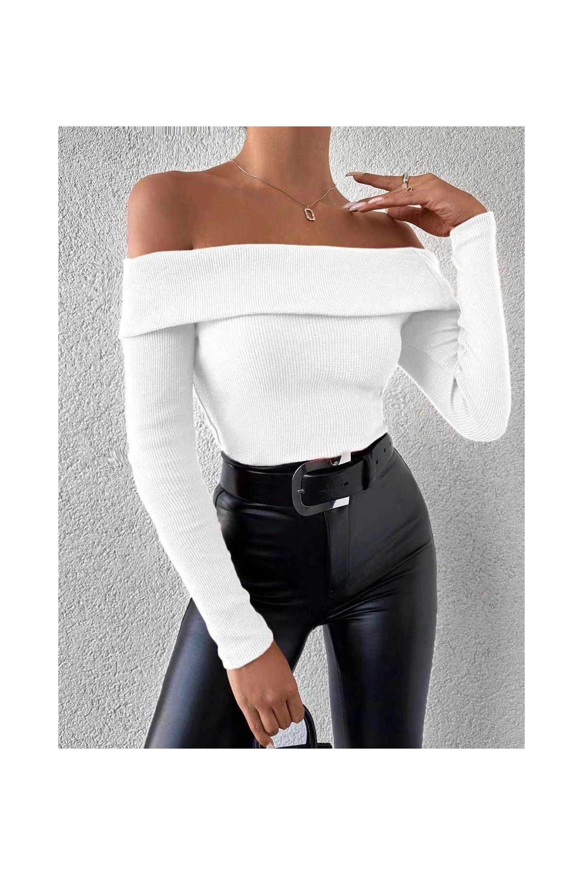 Uzun kol madonna yaka bluz beyaz