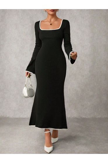 Biyeli uzun elbise siyah