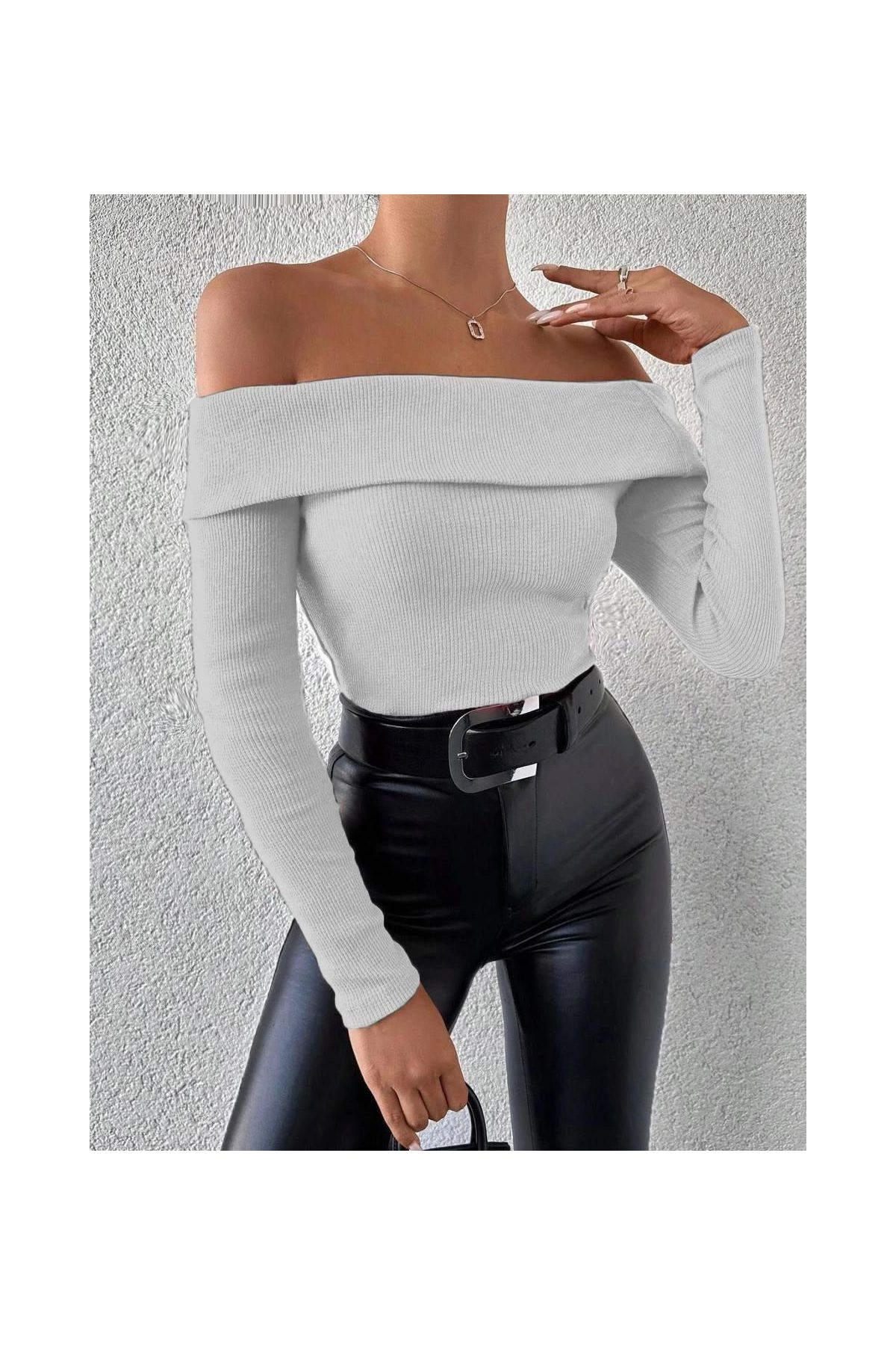 Uzun kol madonna yaka bluz gri