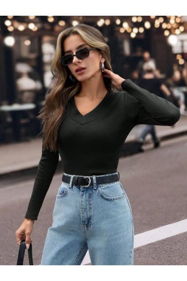 V yaka kaşkorse bluz siyah