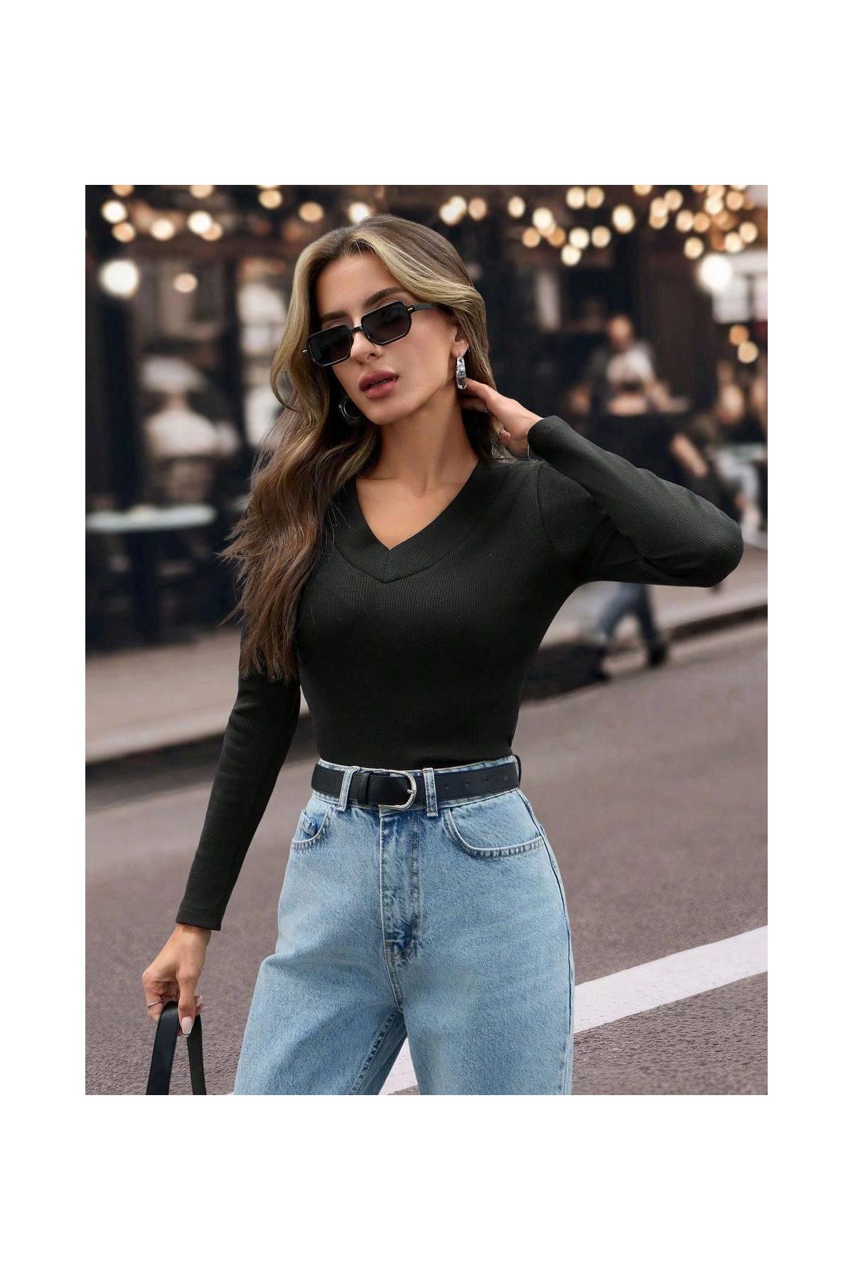 V yaka kaşkorse bluz siyah
