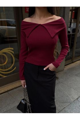 Kelebek yaka uzun kol bluz bordo
